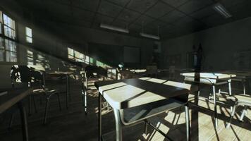 CGI Abandoned school classroom filled with light and shadows during daytime video
