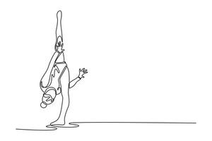 Continuous one line drawing female gymnast gracefully maneuvering stand, her artistic flair and precision in an enthralling gymnastics performance. Single line draw design graphic illustration vector