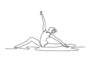 Single continuous line drawing rhythmic gymnastics, female dancing in gym with balance, action with performance and fitness. Competition, tournament. One line draw graphic design illustration vector