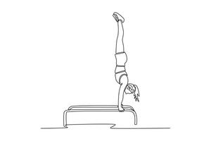 Single continuous line drawing woman athlete gymnast doing handstand on parallel bars competition artistic gymnastic. Perform acrobatic motion. Dynamic one line draw graphic design illustration vector