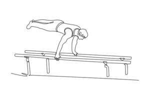 Single continuous line drawing man athlete doing handstand on parallel bars in professional gym. Fit sportsman perform stunt in sports clothes. Dynamic one line draw graphic design illustration vector