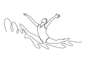 Single continuous line drawing young female gymnast jumping in mid air, performing split leap. Action, motion, sport, motivation, competition. Dynamic one line draw graphic design illustration vector