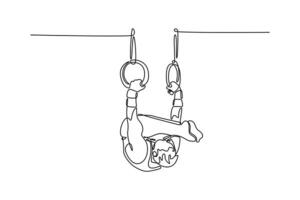 Continuous one line drawing male athlete doing complicated exciting trick on gymnastic rings in professional gym. Movement, action, motion, dynamic. Single line draw design graphic illustration vector