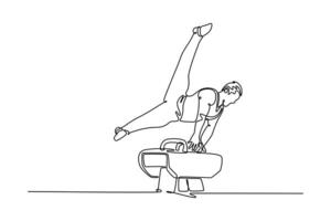 Single one line drawing professional gymnast exercise pommel horse in championship gymnastics, support with hands on horse, swing feet. Modern continuous line draw design graphic illustration vector