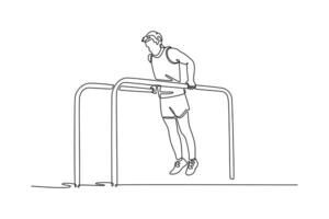 Single continuous line drawing flexible gymnast exercise parallel bars in championship gymnastics. Movement, action, motion, healthy lifestyle. Dynamic one line draw graphic design illustration vector