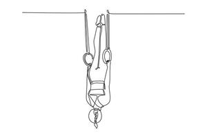 Continuous one line drawing active female gymnast athlete looking down while doing calisthenics core stability exercise with gymnastic rings in gym. Single line draw design graphic illustration vector