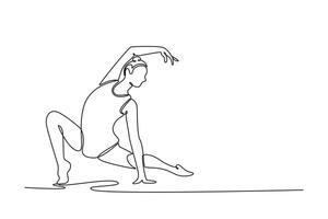 Single one line drawing young female rhythmic gymnast posing and dancing. Beautiful and graceful sports. Motion, grace and flexibility. Modern continuous line draw design graphic illustration vector