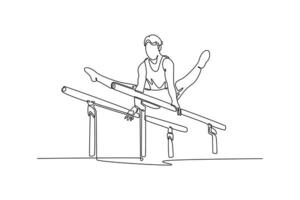 Single continuous line drawing male gymnast training in gym, flexible and active. Athlete in sportswear practicing in exercises for strength, balance. One line draw graphic design illustration vector