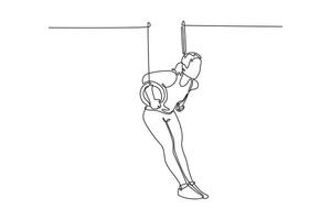Single one line drawing beauty female athlete doing complicated exciting trick on gymnastic rings in professional gym. Movement, action, motion. Continuous line draw design graphic illustration vector