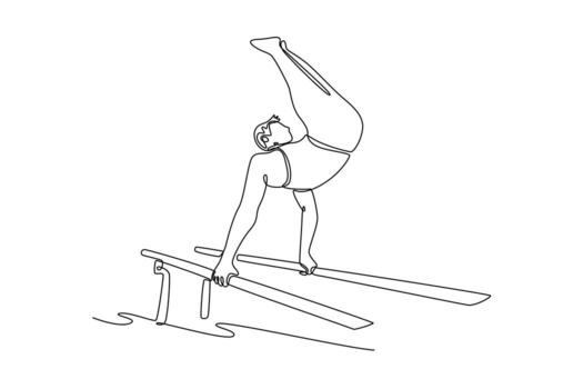 Single continuous line drawing professional male gymnast swinging on parallel bars while doing muscle up exercise during calisthenics workout in gym. One line draw graphic design illustration vector