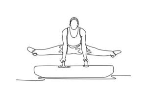 Single one line drawing professional male gymnast doing the splits and balancing on the pommel horse in championship gymnastics artistic. Modern continuous line draw design graphic illustration vector