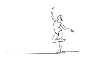 Continuous one line drawing rhythmic gymnast girl training art dancing in the gym. Grace in motion, action, sport. Exercises for healthy lifestyle. Single line draw design graphic illustration vector