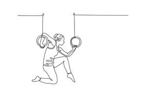 Continuous one line drawing young active strong sweaty athlete muscular fit woman with big muscles doing cross workout training on gymnastics rings. Single line draw design graphic illustration vector