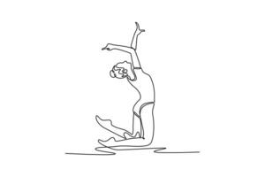 Single one line drawing woman exercising rhythmic gymnastics. Female gymnast elegantly art dancing, her precision, grace, and artistry. Modern continuous line draw design graphic illustration vector