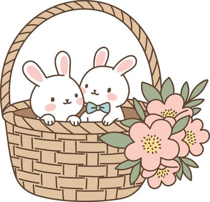 Easter Bunnies in a Basket with Flowers