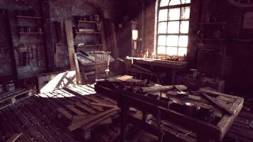 CGI A rustic carpentry workshop filled with vintage tools and sunlight video