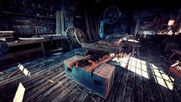 CGI Exploring an old carpentry workshop filled with antique tools and wooden crafts video
