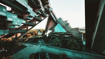 CGI Pyramidal architecture with lush greenery at dusk video
