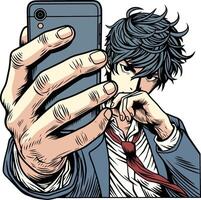 Anime Boy Taking a Selfie with a Smartphone vector