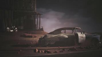CGI Abandoned vintage car amidst a deserted landscape under twilight skies video