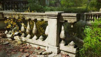 CGI Exploring the overgrown remains of a historic European mansion balcony video