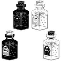 Glass bottle with poisonous substance with, magic potion containers with cork, Bottle labeled as deadly risk. vector