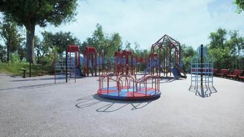 CGI New childrens playground with colorful equipment and bright sunny skies video