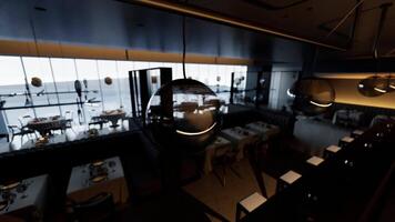 CGI Empty upscale restaurant with elegant decor and stunning ocean views at dusk video
