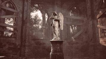 CGI Angel statue stands solemnly in a dilapidated structure surrounded by nature video