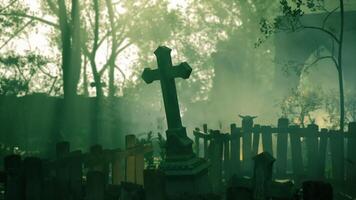 CGI Misty graveyard at dawn with a weathered cross and lush greenery around video