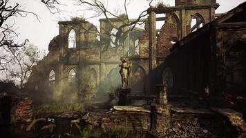 CGI Abandoned stone ruins engulfed by nature in a misty landscape during daytime video