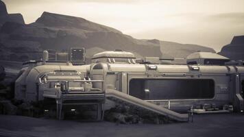 CGI Colonist habitat established on a rugged alien planet for sustainable living video