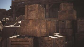 CGI Stacked wooden crates in a rustic warehouse setting at sunset video