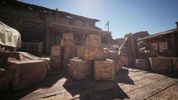 CGI Rustic wooden crates stacked in a sunlit western style settlement during midday video