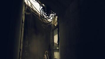 CGI Industrial building interior with dark concrete and exposed wiring at dusk video