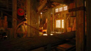 CGI Inside a rustic wooden mill with sunlight casting shadows in the afternoon video