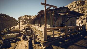 CGI Rustic wooden building in a desert landscape with mountains in the background video