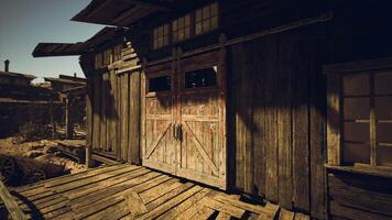 CGI Weathered wooden structure in an abandoned settlement during golden hour video