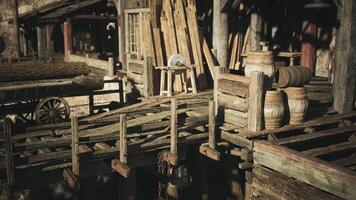 CGI Rustic wooden dock with barrels and tools in a historic village setting video