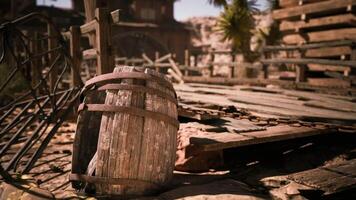 CGI Wooden barrel rests on weathered ground in an abandoned western town video
