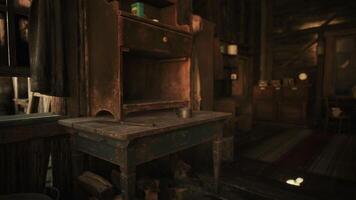 CGI A rustic wooden table with an old cabinet in a dimly lit workshop video