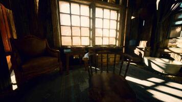 CGI Cozy interior of a rustic cabin at sunset with warm light streaming in video