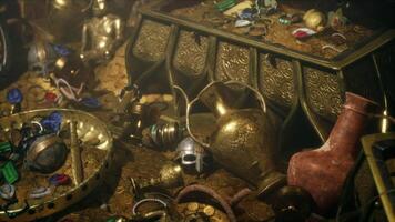 CGI Golden treasures discovered in a hidden dungeon during an adventurous expedition video