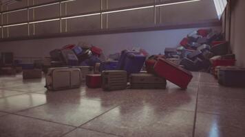 CGI Abandoned airport terminal with piles of forgotten luggage and empty spaces video