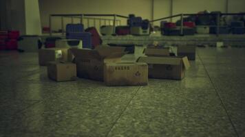 CGI Abandoned airport terminal features empty boxes and abandoned luggage remnants video