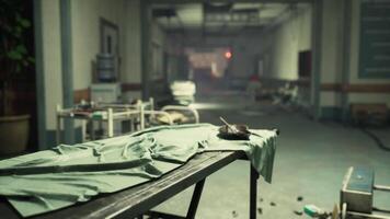 CGI Abandoned hospital hallway with derelict beds and scattered debris video