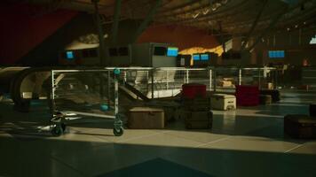 CGI Abandoned airport interior with scattered luggage and empty check in counters video