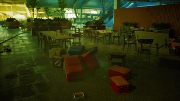 CGI Abandoned airport terminal interior with scattered luggage and empty tables video