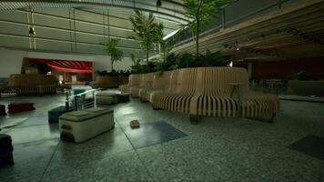 CGI Exploring an abandoned airport terminal with overgrown seating during twilight video