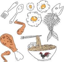fork and spoon, fried egg, fish bone, fried chicken thigh and chicken, and ramen vector